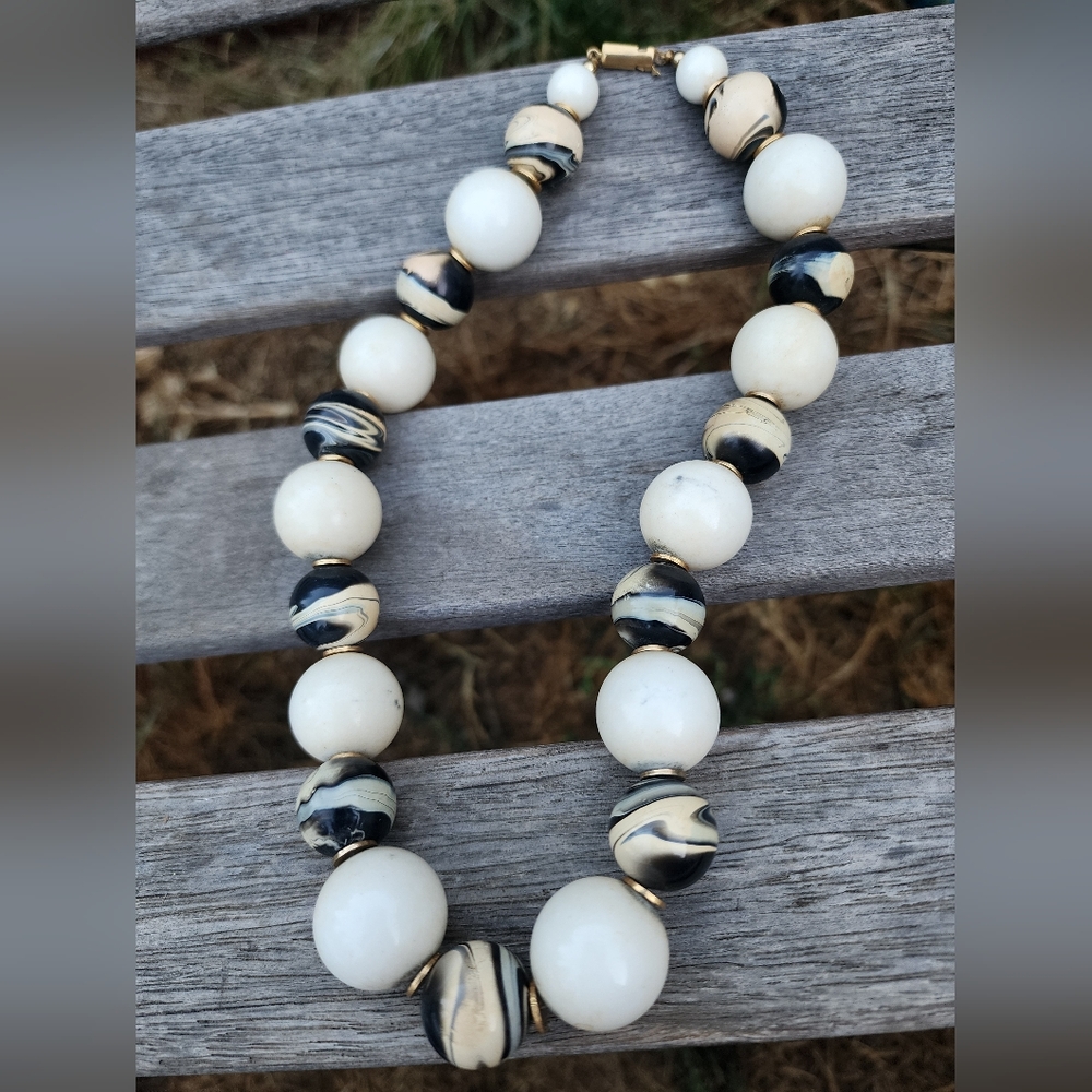 Vintage Anne Klein Black and Cream Beaded Necklace